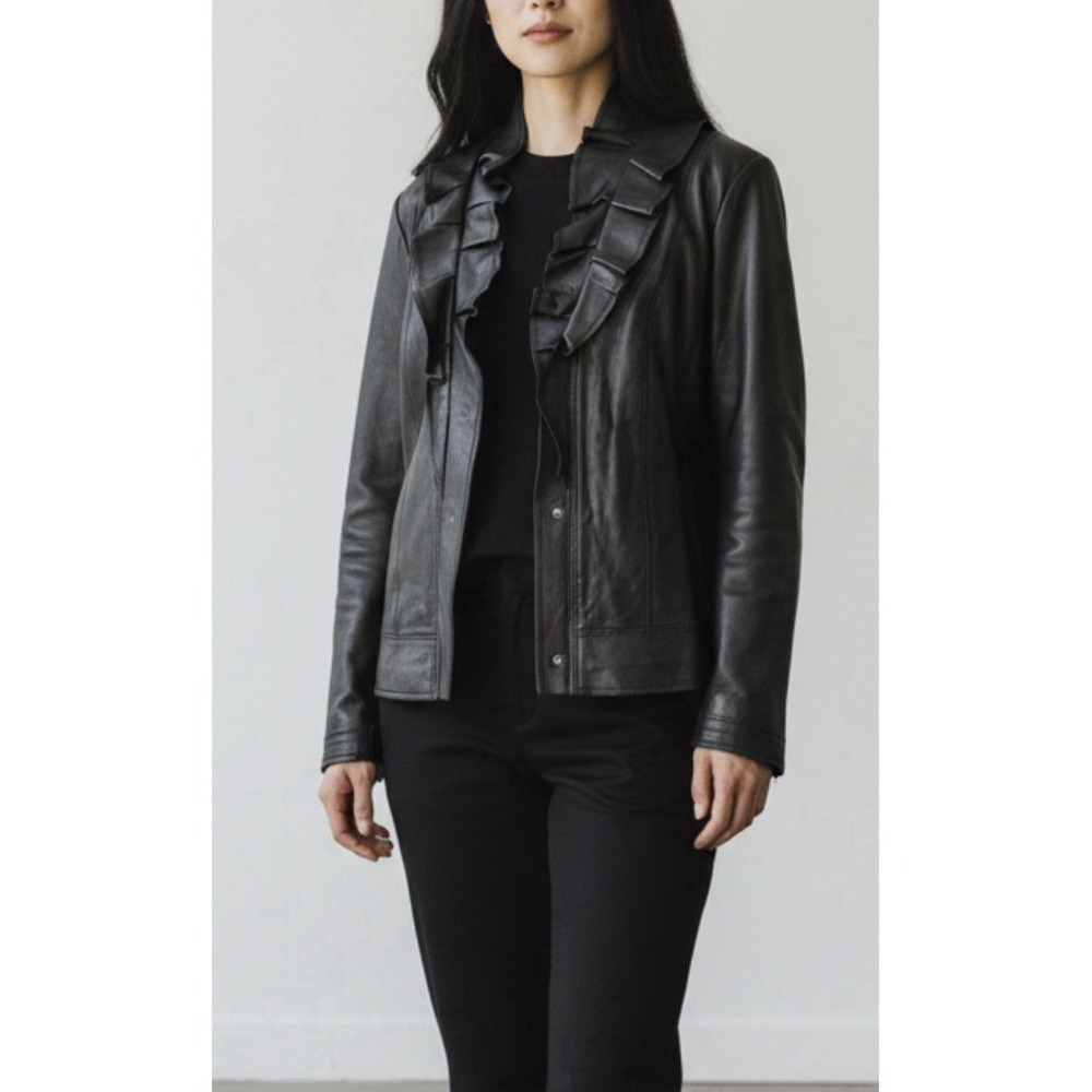 NWT Tahari Black Leather Jacket Ruffle Collar Moto Goth Coquette Whimsigoth XL - Picture 2 of 10